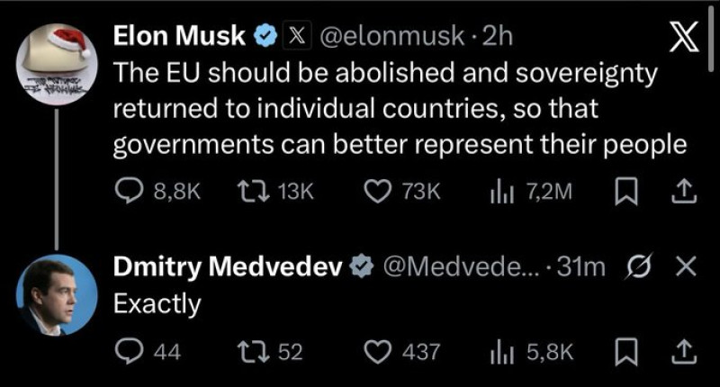 Dmitri Medvedev răspunde la cererea lui Elon Musk privind „dizolvarea” Uniunii Europene: Observație pe X