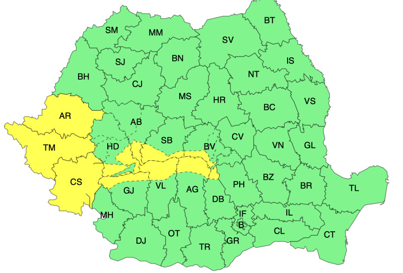 HARTĂ. Atenționări meteorologice pentru condiții meteo severe. Aproximativ 20 de județe sub avertizare galbenă.