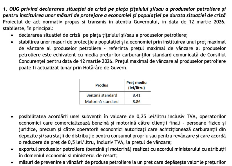 Ministerul Energiei sugerează instituirea stării de urgență pe piața țițeiului, cu limite și taxe diminuate...