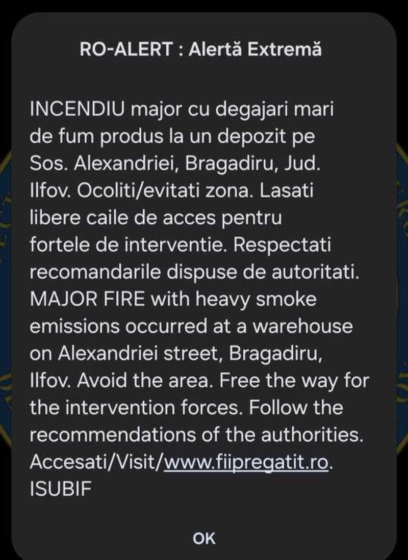 Incendiu de amploare la un depozit de anvelope în Bragadiru. Mesaj RO-Alert a fost trimis.